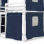 Lit superposé simple avec tente bleue et blanche, conception semblable à une maison dans les arbres pour le plaisir, bois massif et construction, espace de rangement spacieux sous le jeu