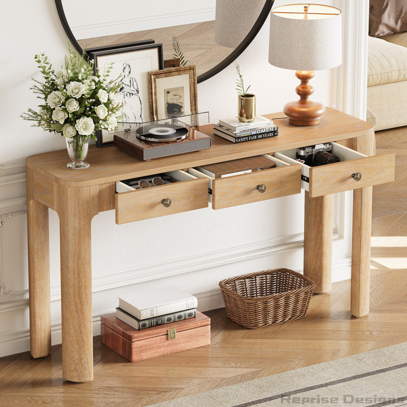 Console rustique avec coins arrondis pour la sécurité, table d'entrée avec 3 tiroirs dissimulés, table de canapé robuste avec des pieds épais pour le couloir et le salon