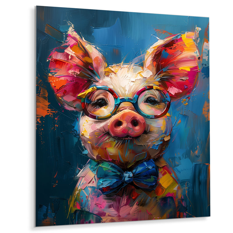 Curieux portrait de cochon bleu et rose, Métal métal, H 44 po x l 34 po x P 1,5 po