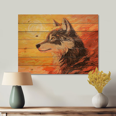 Portrait de loup au coucher du soleil I - Décoration murale moderne en bois sur bois de pin naturel
