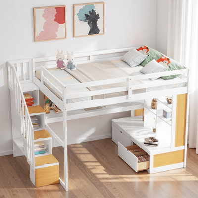 Loft Bed With Desk, Shelves, 2 Built-in Drawers And Storage Staircase