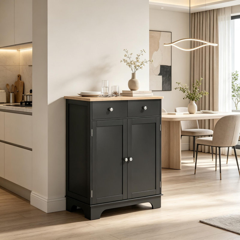 Buffet de cuisine autoportant avec comptoir en bois d'hévéa, deux tiroirs et tablettes intérieures réglables, armoire de rangement en bois d'ingénierie pour le vestibule et le salon