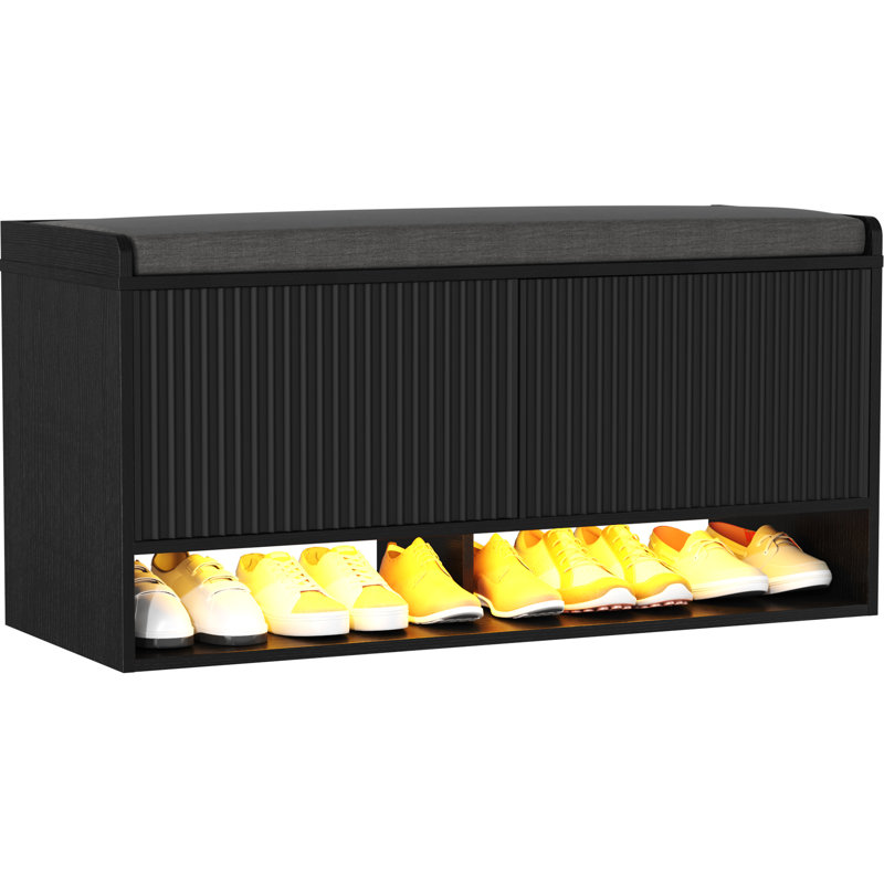 39.4In Shoe Bench With Storage And Led Light, Black