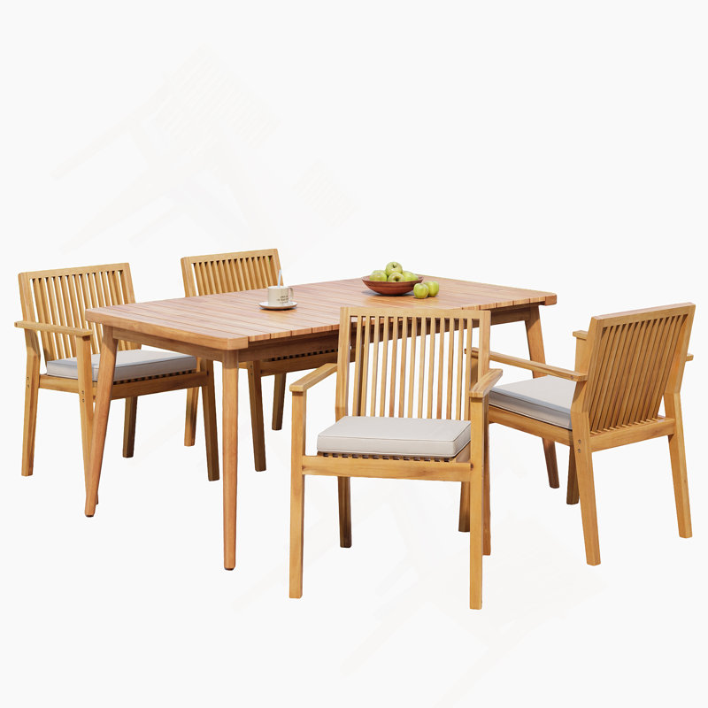 Acacia Wood Outdoor Dining Set - 70.75" Table & Chairs with Removable Cushions for Patio Garden, Teak, 4