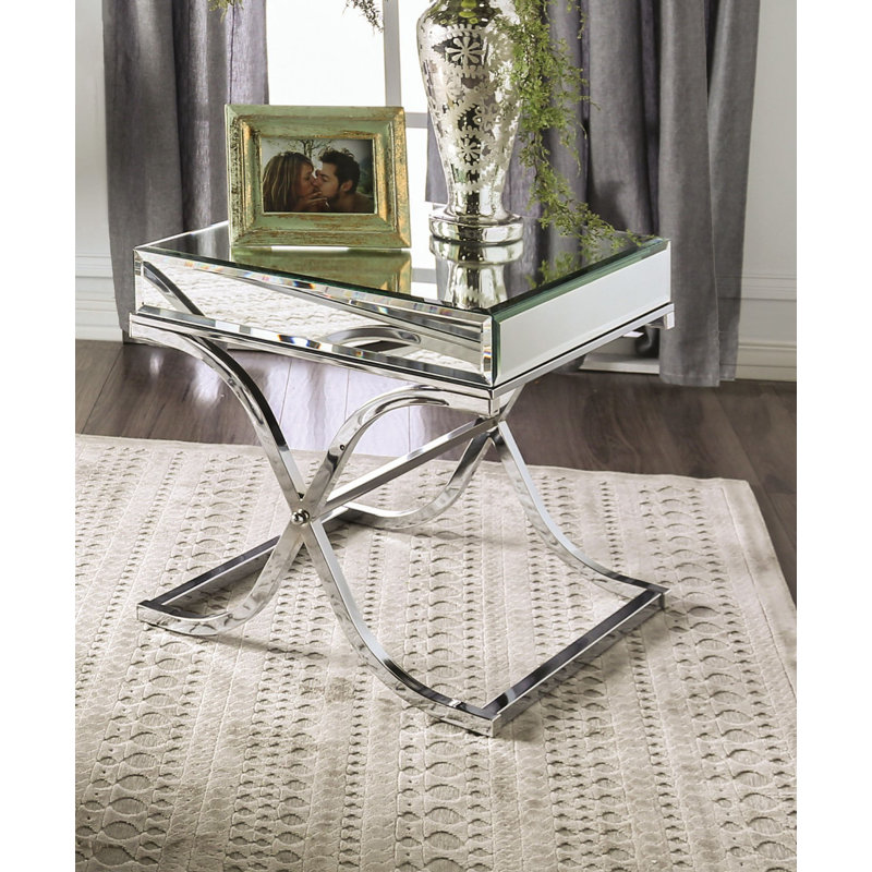 Amyah Mirrored Glass Top End Table, Silver
