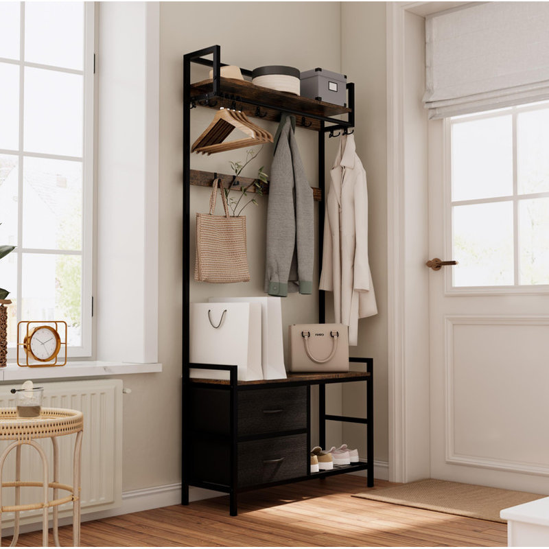 Arbre d'entrée de 33,1 po de largeur 5 en 1 - banc d'entrée avec 2 tiroirs mobiles, rangement pour chaussures, tablettes, porte-vêtements et 23 crochets (fixes et mobiles)