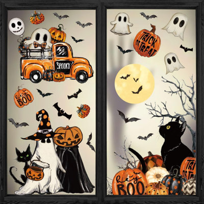 40 autocollants pour fenêtre d'Halloween, citrouille, camion, gnome, fantôme, chauve-souris, chat - Décoration pour la maison, les fêtes et les vitrines de magasins