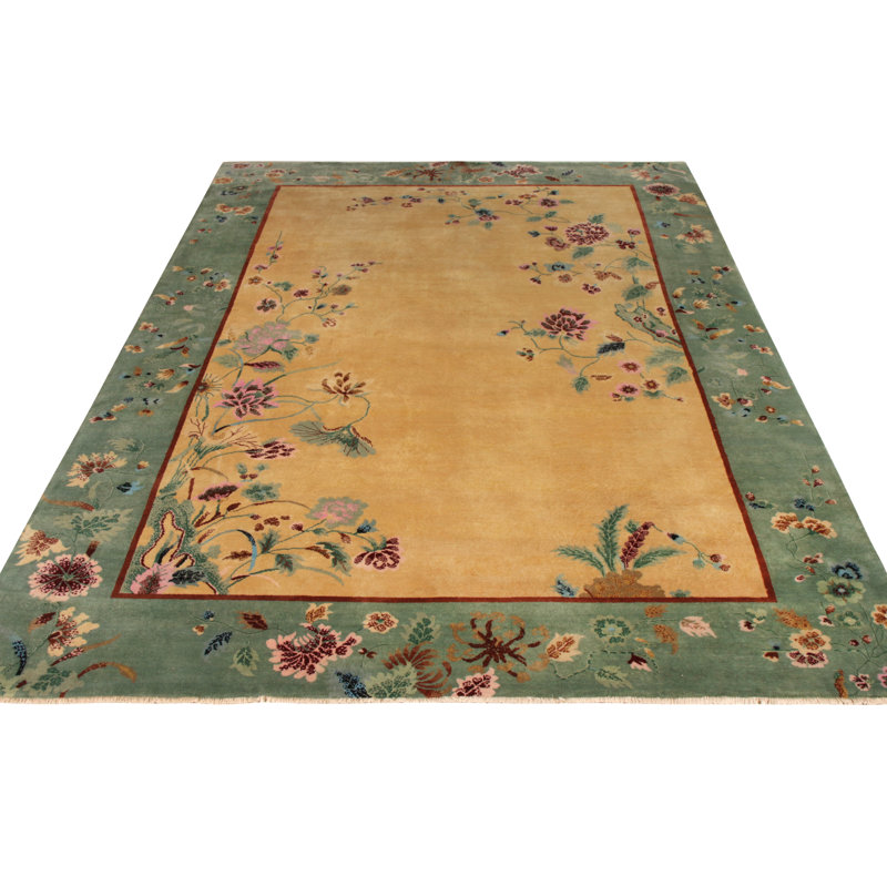 Rug & Kilim’S Chinese Style Art Deco Rug In Green And Beige-Gold Floral Pattern, Rectangle 8' x 10'