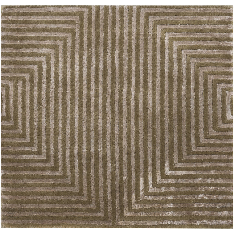 Tapis olive / beige en laine noué à la main à motif géométrique Elora, Rectangle 5 pi x 8 pi