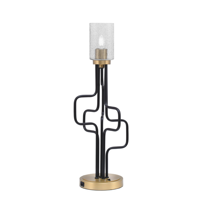Lampe d'appoint Amarmula, avec ports USB, fini noir mat et laiton vieilli, verre bullé fumé de 4 po, Doré, Transparent/noir
