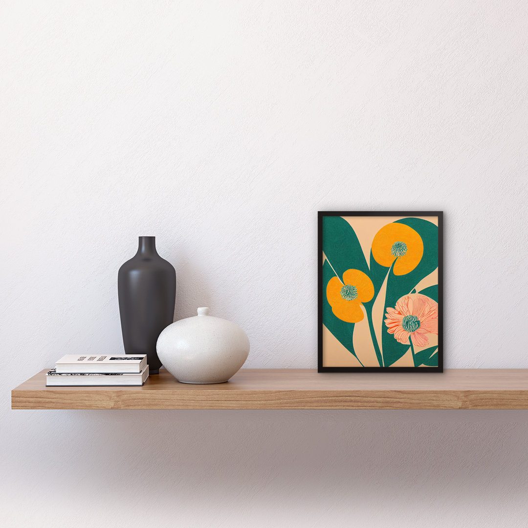 California Poppy Flower Turquoise Leaves - Single Picture Frame Print
