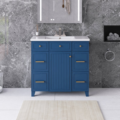 36 po Meuble-lavabo autoportant avec plateau en céramique blanche non assemblé