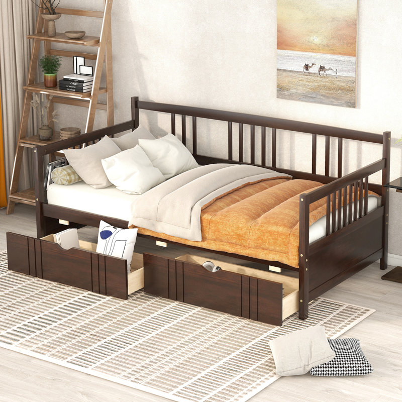 Daybed With Two Spacious Drawers - Strong Wood For A Stylish Bedroom Solid Twin Space Ideal Compact Areas, Espresso