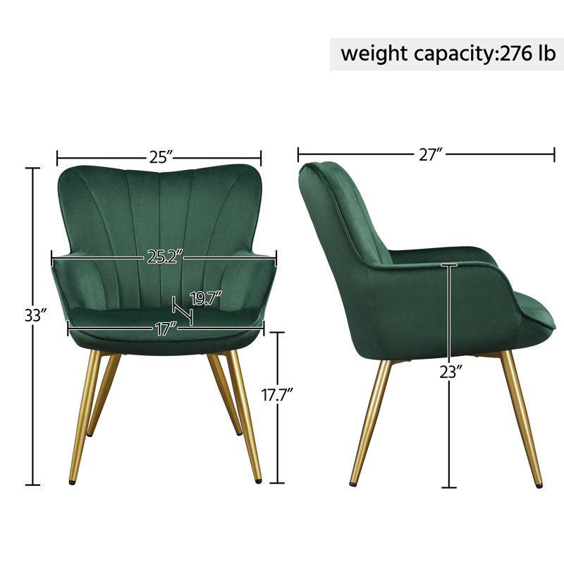 Bakhyt 25" Wide Upholstered Curved Back Armchair, Green Velvet, Gold