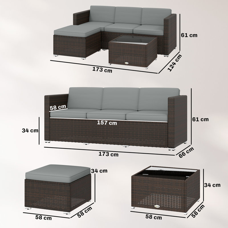 Outsunny 3 Piece Rattan Garden Furniture Set, Garden Corner Sofa, Brown