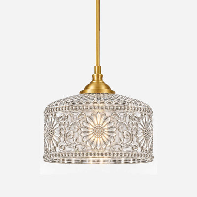 Suspension vintage en laiton antique avec abat-jour en verre transparent à motif floral