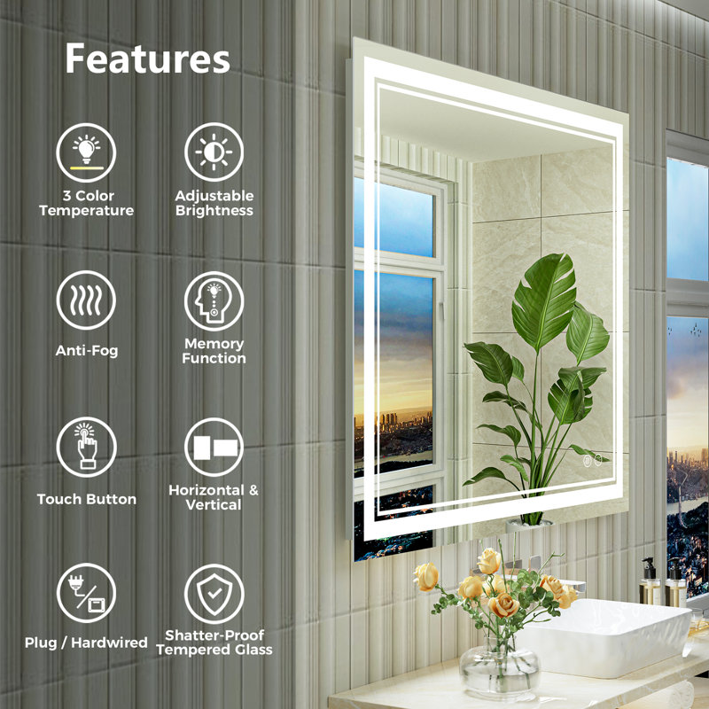 Jayce LED Vanity Mirror with Memory Function, 3 Color Temperatures & Dimmable Light, Anti-fog Tempered Glass ETL Listed Mirror