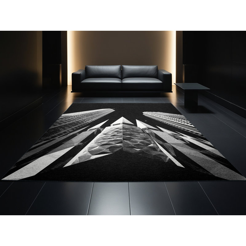 Soft Plush Shaler Modern & Contemporary Geometric Area Rug in Grey – Black Binding, 6' Square