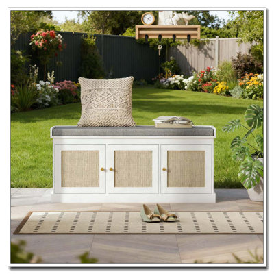 Banc de rangement pour chaussures avec portes en rotin tissé, banc de chaussures avec coussin