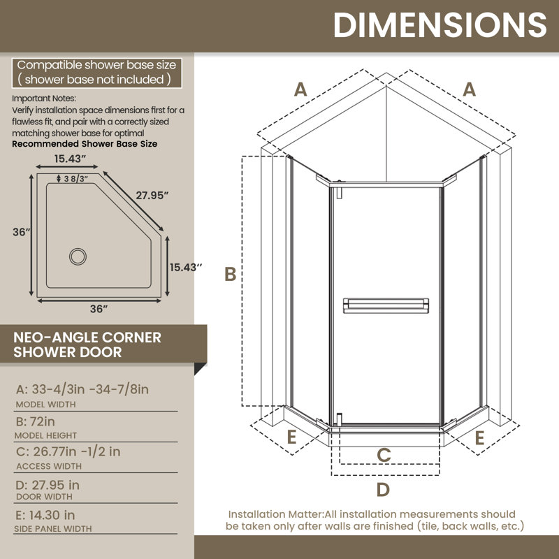 36 W x 36 D x 72 H Neo-Angle Corner Shower Enclosure with 1/4 in. Clear Tempered Glass, Stainless Steel Frame, Safety Film & Easy-Clean Nano Coating, Base Not Included