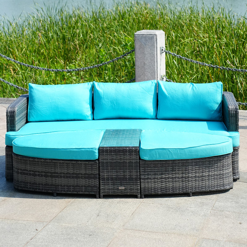 Lit de jour d'extérieur en osier avec coussins 88,98 po Anazco, Cyan, Gris