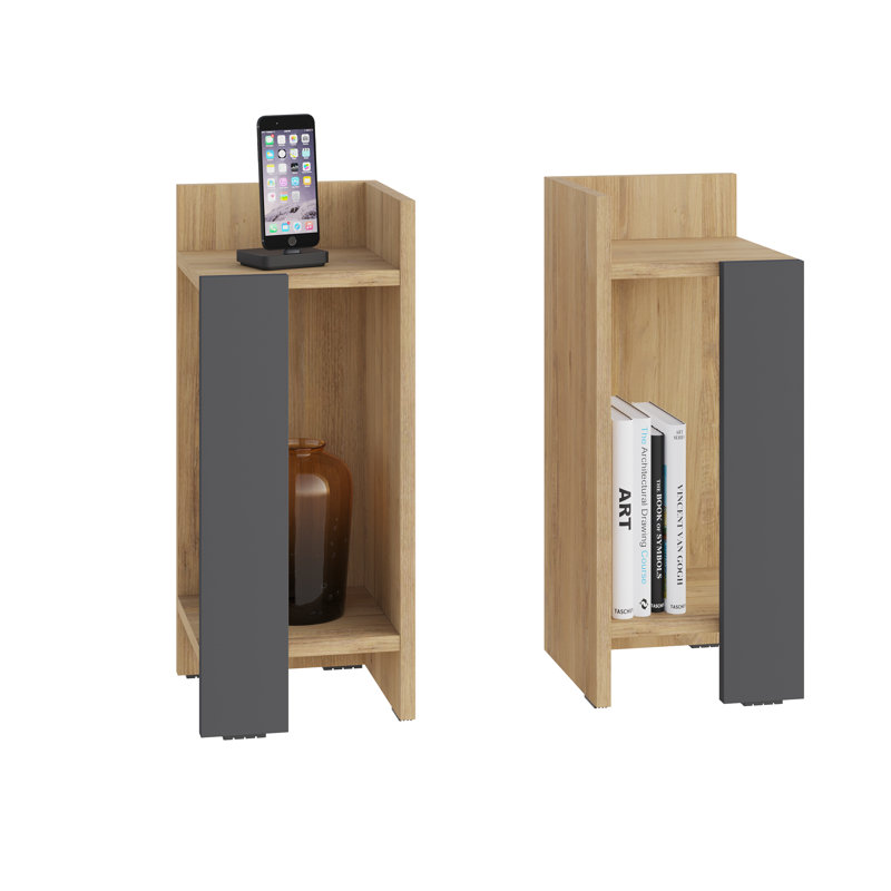 Elos Bedside 2 Table Set with Open Shelves for Versatile Use, Oak/Anthracite
