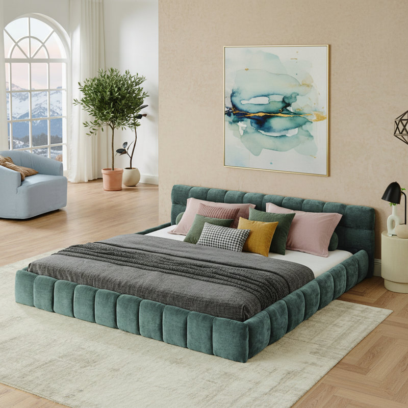 Structure de lit tapissier très grande taille avec tête de lit en chenille, tissu épais pour plus de confort, Bleu / Vert