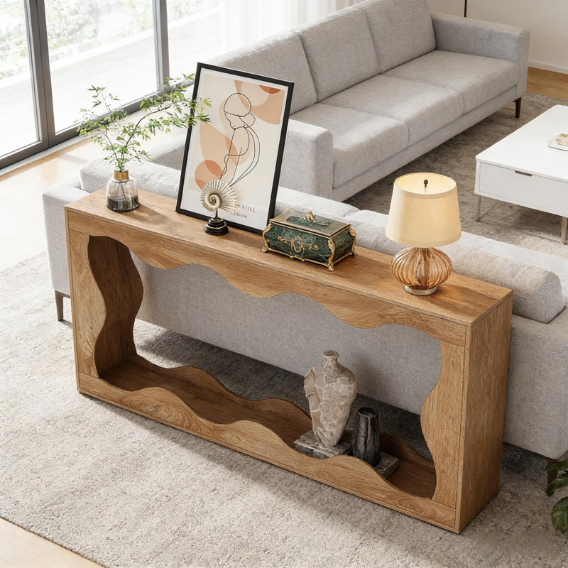 Console 63 pouces avec rangement, Bois naturel