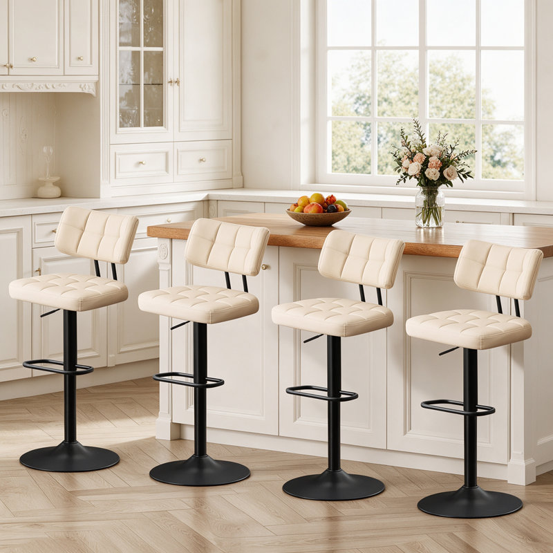 Tabourets de bar pivotants en similicuir de 49 cm de large, hauteur réglable, avec repose-pieds, coussin épais et dossier incurvé (paquet de 4).