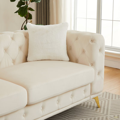Canapé en velours de luxe 61,25 pouces avec boutons capitonnés Chesterfield avec 2 coussins et pieds en métal
