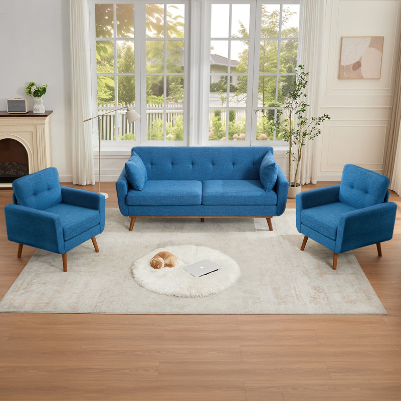 Ensemble de salon rembourré capitonné 78 po avec 2 fauteuils, Bleu