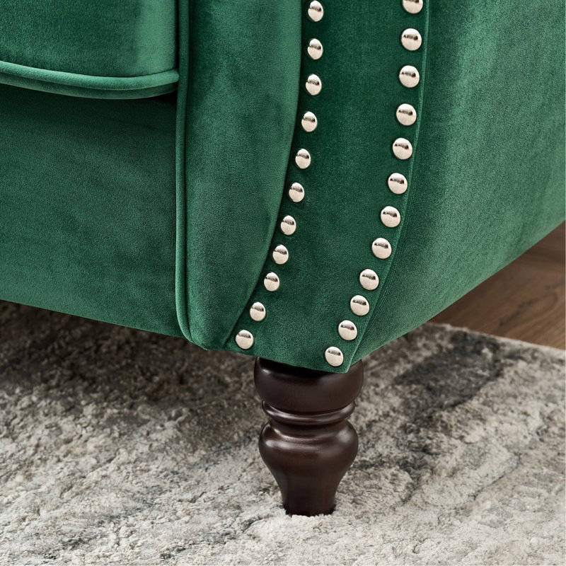 85" Mid Century Modern Velvet Chesterfield 3-Seater Sofa With Rolled Arms & Nailhead Trim, Upholstered Couch For Living Room & Office, Green