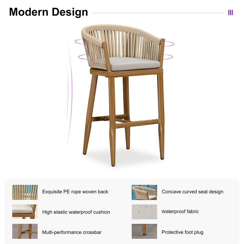 Ensemble de 2 tabourets de bar George Oliver en osier avec coussin haute densité pour patio, Teck, Beige