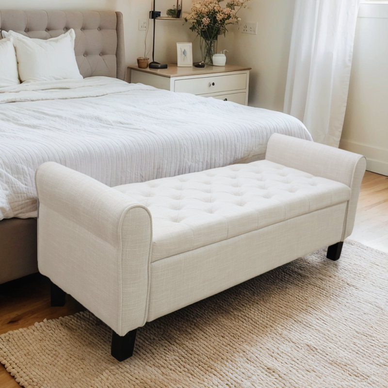 Upholstered Storage Bench End of Bed, Beige, Velvet