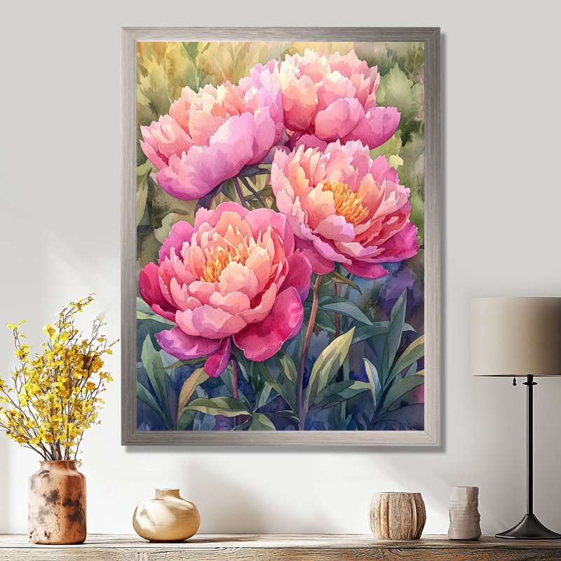 Pivoines dans le potager III - impressions murales florales, Argent argent, H 20 po x l 12 po