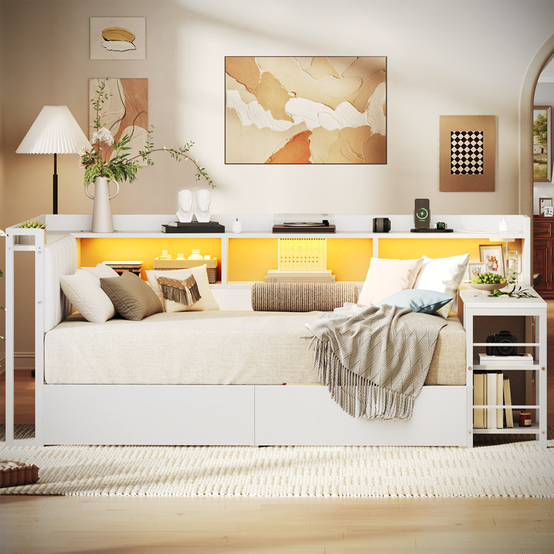 Structure de lit simple d'angle avec bureau et bibliothèque, structure de lit en L avec station de charge, lumières DEL et tête de lit tapissier, lit plateforme en métal pour adolescents, aucun sommier nécessaire