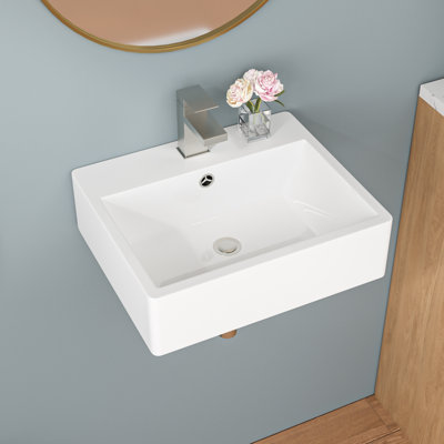 21" L x 17" W Wall Mounted Bathroom Sink Modern Rectangle Floating White Ceramic Vessel Sink with Overflow