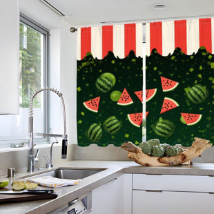 2PCS Watermelon Fruit Pattern Light Filtering Curtain with Red and White Stripes Top Design, Summer Refresh Decor, Easy Hang Rod Pocket, All-Season Curtains for Home Living Room Kitchen Home Decoration (Set of 2)