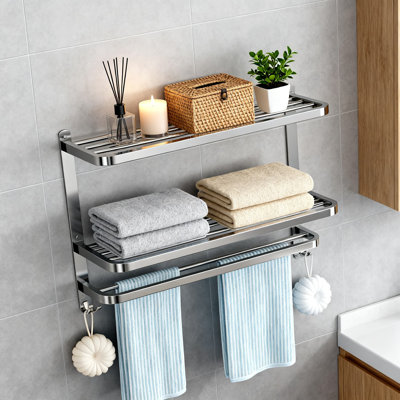 3-Tier Wall Mounted Bathroom Towel Rack With Shelf And Hooks, Stainless Steel Multilayer Towel Holder For Hotel And Home Use