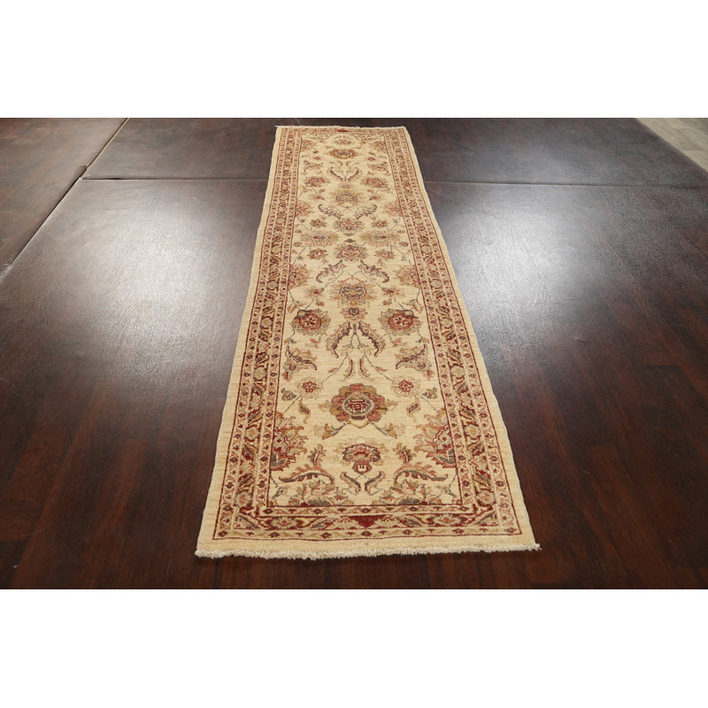 Tapis de couloir unique en laine noué à la main beige / rouge 2 pi 9 po x 9 pi 10 po