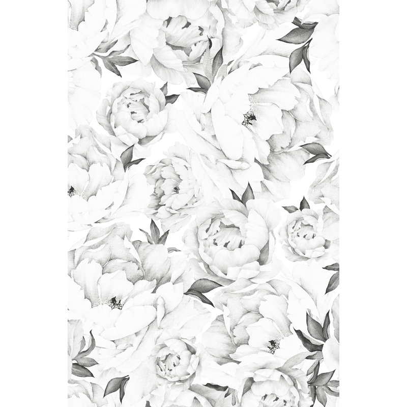 Papier peint adhésif moyen pivoine moyenne, Noir / blanc, L 108 po x l 48 po