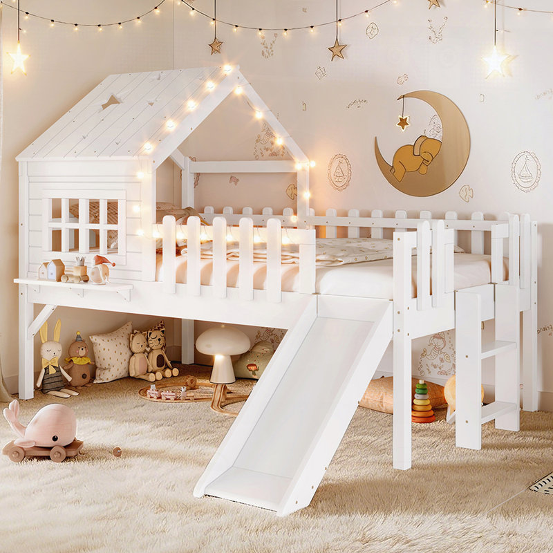 House Loft Bed with Slide and Playhouse Design, Star Moon-shaped Cutouts, LED Lights, No Box Spring Needed, Twin, White