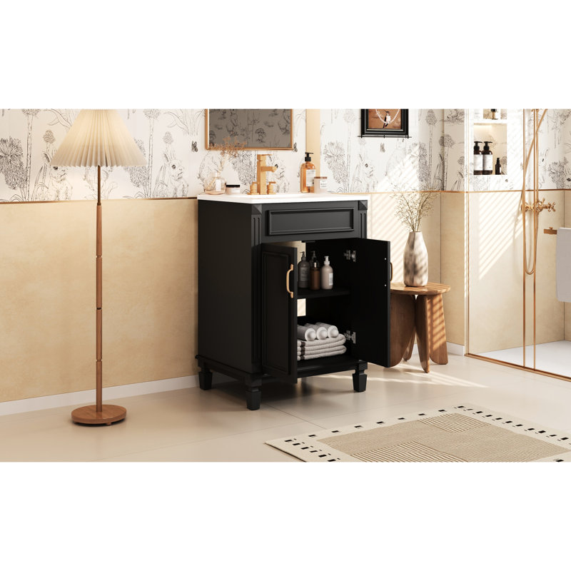 Meuble-lavabo moderne de 24 po avec lavabo supérieur, structure en bois massif et grand rangement, armoire rectangulaire noire pour planches de design, style rétro, deux portes, rangement idéal