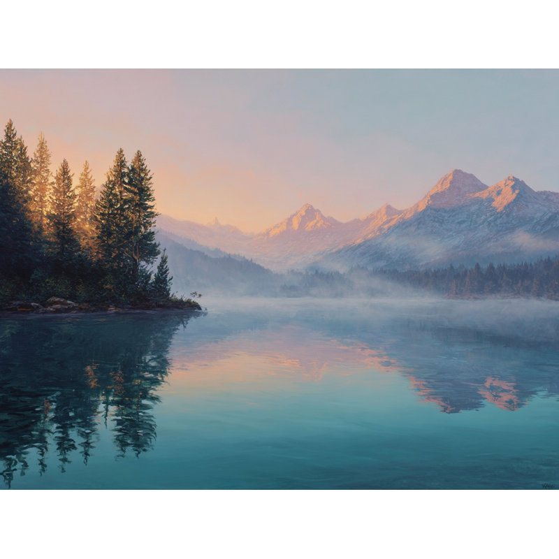 «Mountain Sunrise Over Misty Lake», art mural sur toile, H 30 po x l 40 po