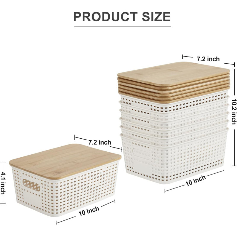 Cream White Plastic Storage Bins with Bamboo Lids