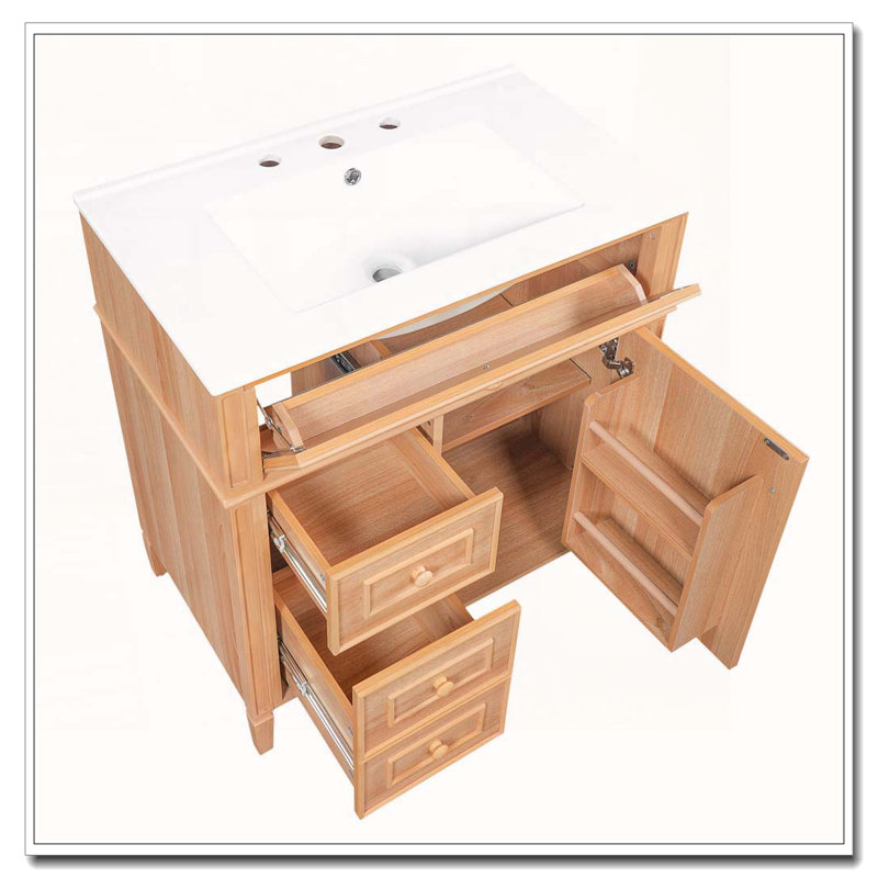 Meuble-lavabo en bois massif de 30 po avec tiroir rabattable et fermeture en douceur, 30", Naturel