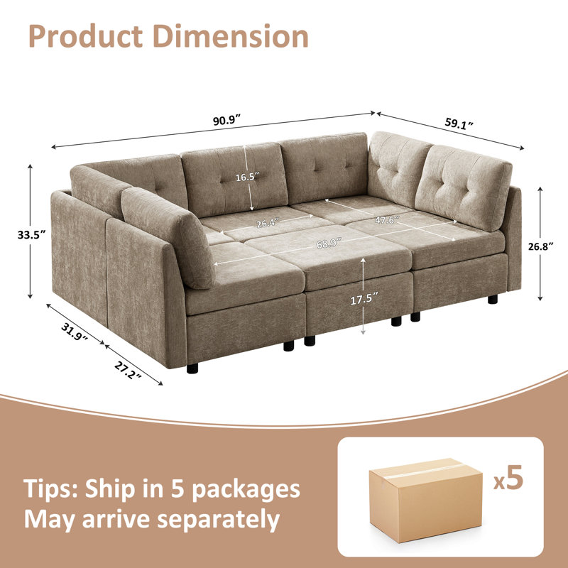 Canapé modulaire rembourré en chenille avec repose-pieds Chenille, Polyester brun clair