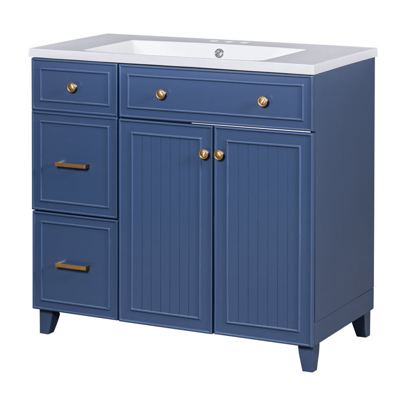 Armoire de salle de bain avec 2 tiroirs et 1 tablette, 2 portes, Bleu marine