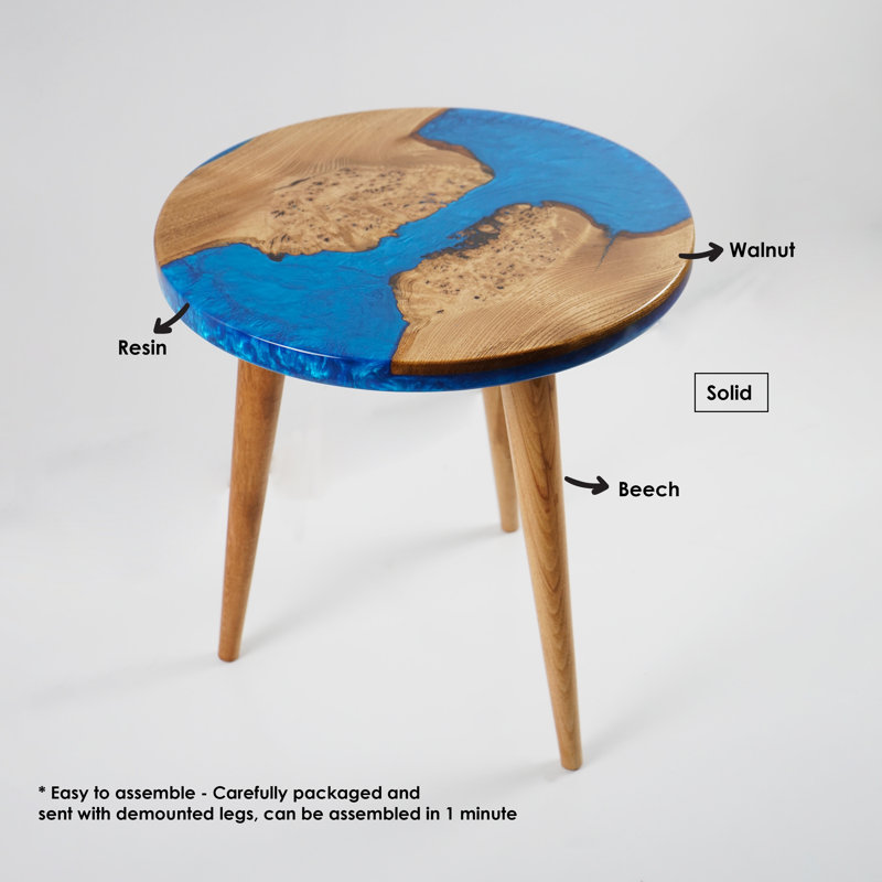 Abagayle 20" Resin Walnut Round Epoxy Side Table, Blue