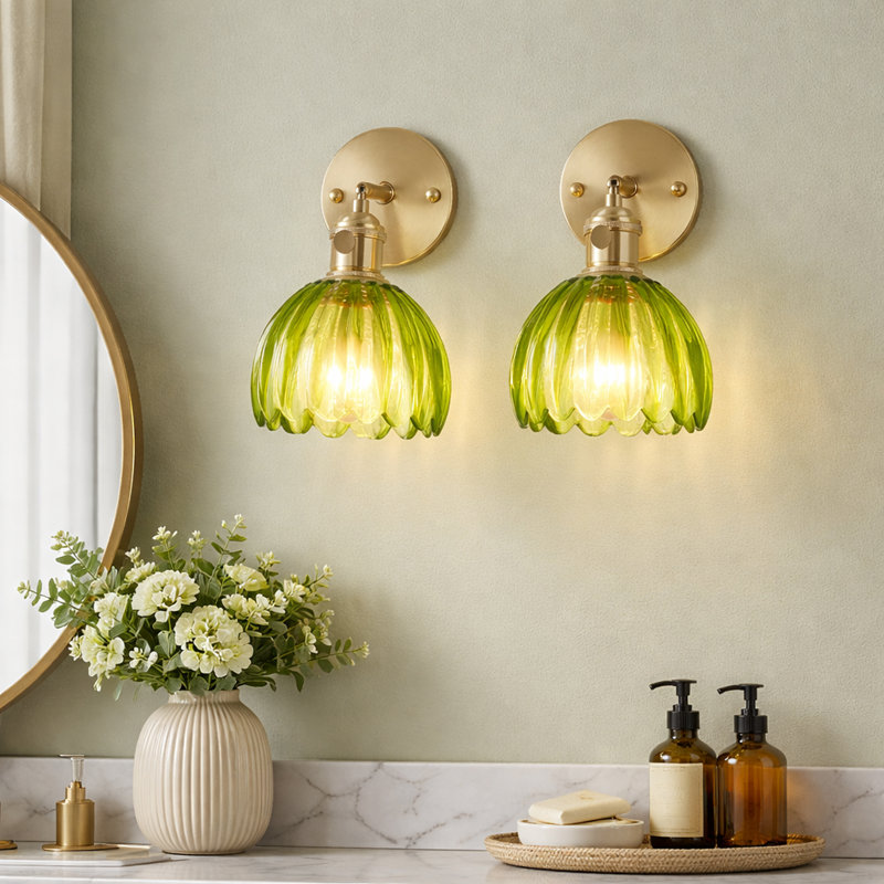 Gold Bronze Green Glass Wall Sconce Set of 2, Hardwired Retro Iron Wall Lamp